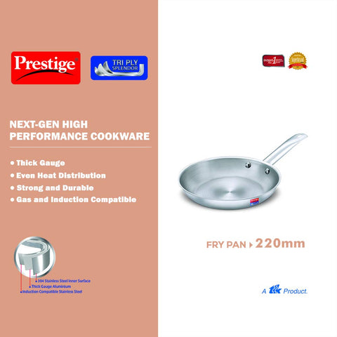 Prestige 22cm/1.2L Tri-Ply Stainless Steel Splendor Fry Pan| Gas & Induction Compatible| Even Heat Distribution| Strong and Durable| Thick Gauge
