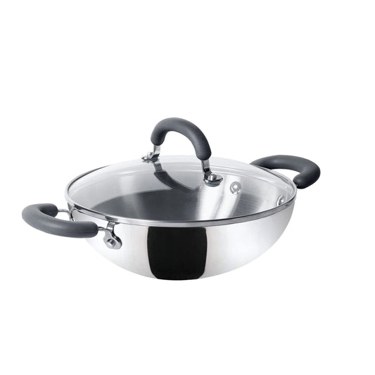 Meyer Trivantage Nickel Free Stainless Steel Triply Kadai | Steel Kadhai with Lid | Kadhai for deep Fry, Gas and Induction Compatible, 24cm, Silver