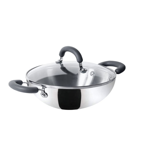 Meyer Trivantage Nickel Free Stainless Steel Triply Kadai | Steel Kadhai with Lid | Stainless Steel Kadhai | Kadhai for deep Fry, 26cm, Silver