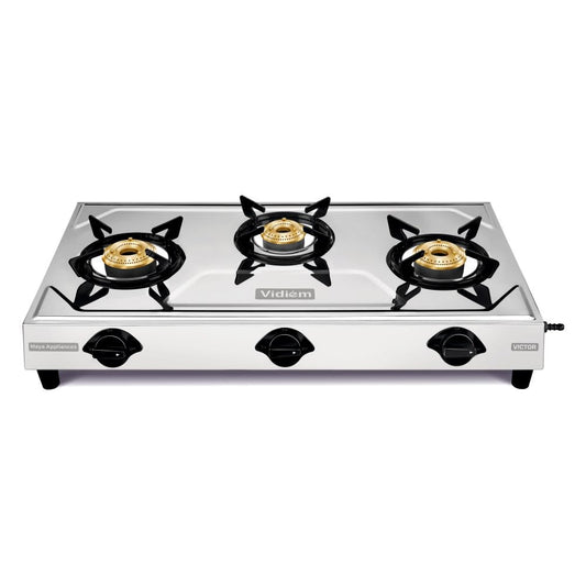 Vidiem Victor Stainless Steel Gas Stove 3 Burner| Brass Burners | Mirror Finish | Large Cooking Space | Anti-Rust | High Efficiency | ISI Certified | 5 Year Warranty