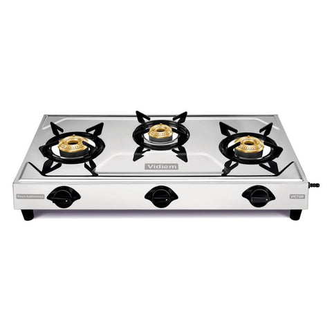 Vidiem Victor Stainless Steel Gas Stove 3 Burner| Brass Burners | Mirror Finish | Large Cooking Space | Anti-Rust | High Efficiency | ISI Certified | 5 Year Warranty