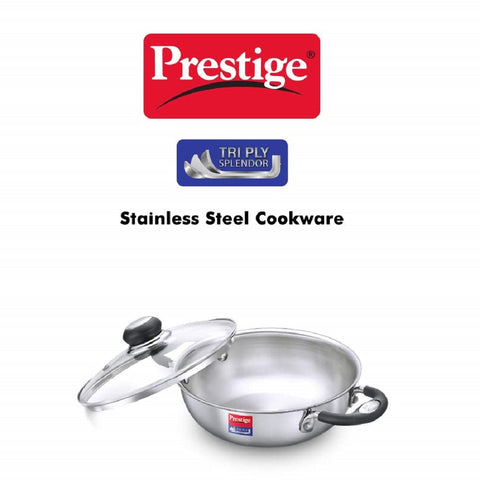 Prestige 24cm/2.7L Tri-Ply Stainless Steel Splendor Kadai with Lid| Gas & Induction Compatible| Even Heat Distribution| Strong and Durable| Perma-Cool Handles
