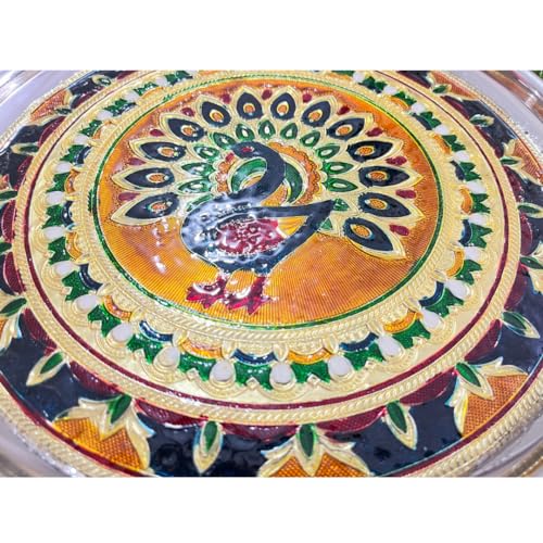 Stainless Steel Embossed Handmade Peacock Design Thali Plate for Puja, Home Decor and Gifts