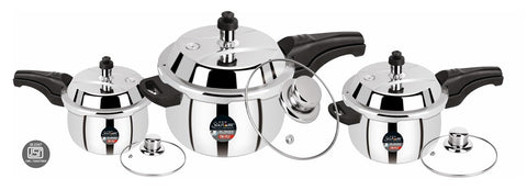 CDM Solitaire Celebration Combo Try-Ply Belly 1.5,3 & 5 Ltr. Pressure Cooker Stainless Steel Outer Lid with Extra 3 Glass Lid, Induction and Gas Base, ISI Certified, 5 Years Warranty