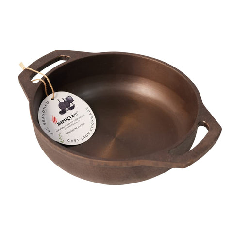 Flat Kadai, 9 Inch Diameter, Cast Iron, Induction Friendly, Pre Seasoned, Loha Kadai, Oven Safe