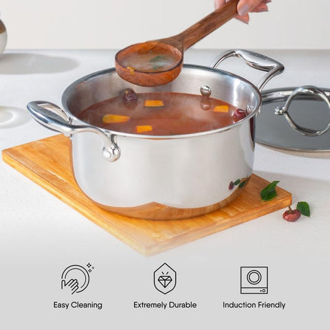 Stahl Triply Stainless Steel Artisan Cook & Serve Casserole with Lid, 20cm, 2.2 Liter (Serves 3-4 People)