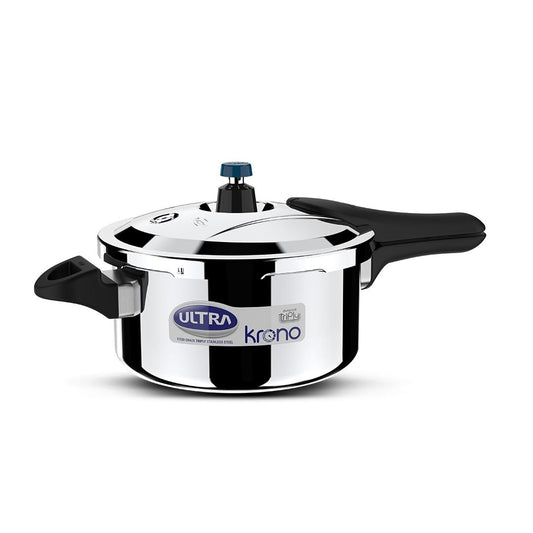 Ultra Triply Krono Pressure Cooker 4.5 Litre | Whistle Counter | Spillage Control | AISI 304 Food Grade Stainless Steel Cooker | 5 Years Warranty | 1.2 MM Lid Thickness | Induction Compatible
