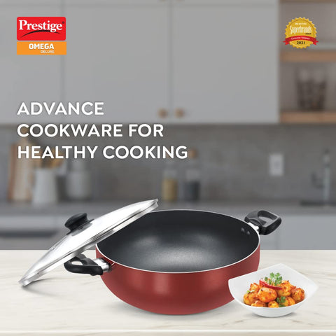 Prestige OMG DLX Induction Base Non-Stick Aluminium Deep Kadhai, 30cm, Red