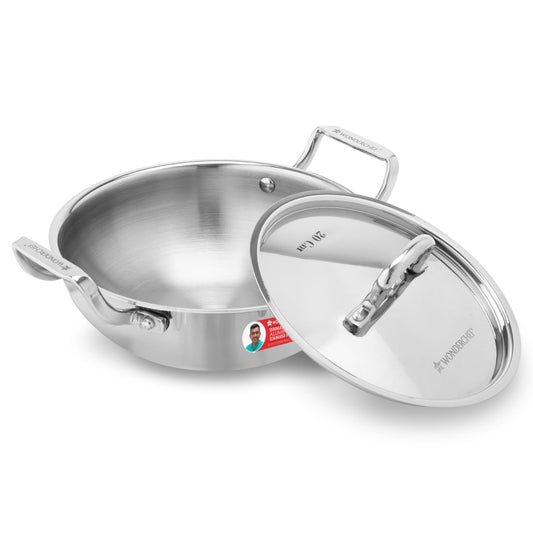 Wonderchef Stella Triply Stainless Steel Kadhai with Lid | 20 cm, 1.6 litres | Compatible with Gas Stove, Induction, Ceramic Cooktop | Non-Toxic | Heavy-Duty Handle | 10-Year Warranty