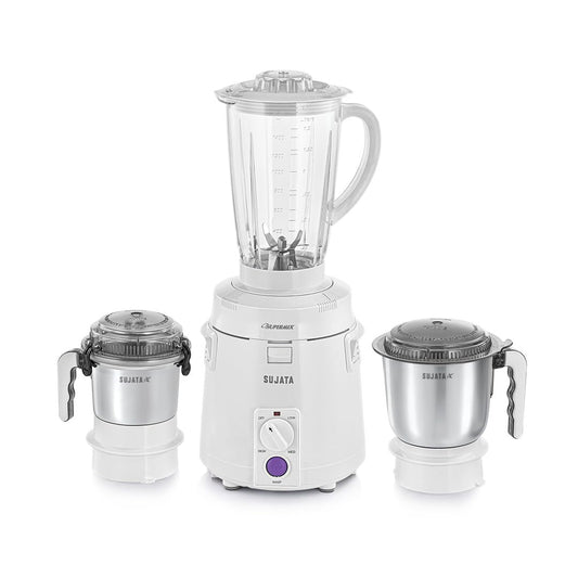 Sujata Supermix Mixer Grinder|900 Watts Double Ball Bearing Motor|22000 RPM|Non-Stop 90 Mins Running|3 Jars including 1750ml Blender, 1000ml Grinder, 500ml Chutney Jar| (White)