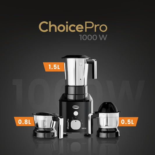 Ultra Choice Pro Mixer Grinder - Black | Fast & Heavy-Duty 1000W High Torque Motor with 5 Years Warranty | AISI 304 Food-Grade 3 SS Jar, 3 Speed Regular + Pulse