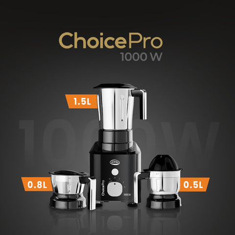 Ultra Choice Pro Mixer Grinder - Black | Fast & Heavy-Duty 1000W High Torque Motor with 5 Years Warranty | AISI 304 Food-Grade 3 SS Jar, 3 Speed Regular + Pulse