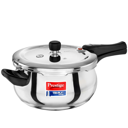 Prestige 5 Litre TRIPLY Svachh Outer Lid Pressure Cooker | Handi | Deep Lid for Spillage Control | Gas & Induction Compatible | Gasket Release System | Visual Pressure Indicator | 5Y Warranty | ISI