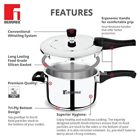 Bergner Pura Stainless Steel 3.5 L Pressure Cooker, Outer Lid Cooker, Triply Bottom, For Healthy Cooking, Mirror Finish, Easy To Clean, Induction Base & Gas Ready, Silver