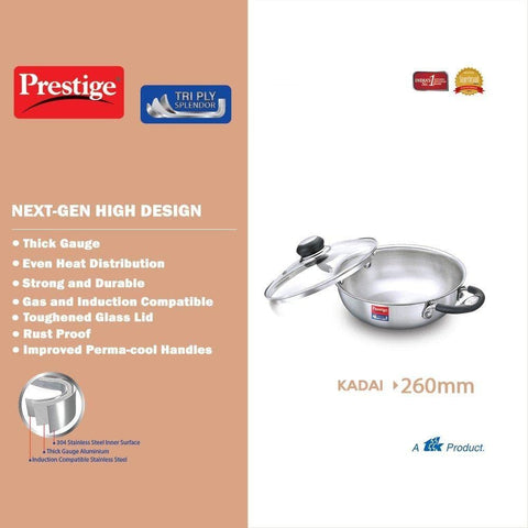 Prestige 26cm/3.25L Tri-Ply Stainless Steel Splendor Kadai with Lid| Gas & Induction Compatible| Even Heat Distribution| Strong and Durable| Perma-Cool Handles