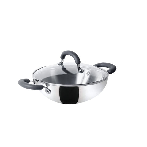 Meyer Trivantage Zero Nickel Release Stainless Steel Triply Kadai | Steel Kadhai with Lid | Stainless Steel Cookware with Induction Base | Small Kadhai for deep Fry, 22cm, Silver