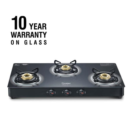 Prestige Royale Plus GT 03L Toughened Black Glass Top Gas Stove(Manual, 3 Brass Burners, Black, Baati/Tandoor Stand Inside)