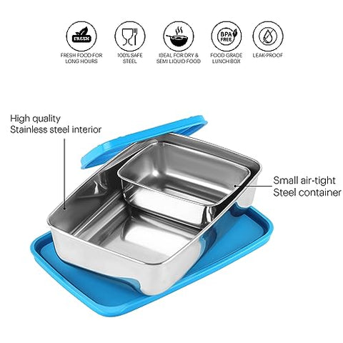 Cello Max Steel Lunch Box, 2 Pcs, Blue | Stainless Steel Lunch Box with Inner Veg Box | Tiffin Box with Air-Tight Lid | Ideal for Office and School for Healthy Meal Storage, Small