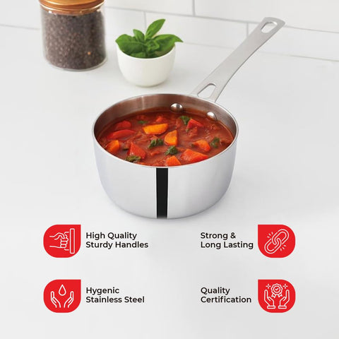 Vinod Platinum Triply Stainless Steel Mini Saucepan - 12cm (600ml), Compact Design, Healthy Cooking, Sturdy and Durable, Ideal for Boiling Milk, Tea, Melting Butter, and Baby Food - 5 Years Warranty