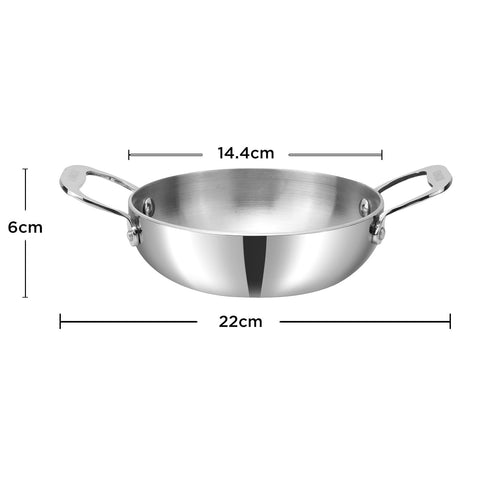 Vinod Platinum Tripy Stainless Steel Mini Kadai - 14cm (600 ml), Compact Design for Healthy Cooking, Induction Friendly Versatile Small kadhai, Use Less Oil, Sturdy and Durable - 5 Years Warranty