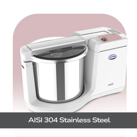 Ultra Mini 1.25 Litre Table Top Wet Grinder - White | Fast Grinding Conical Stones, 85W Power & 5 Years Warranty | AISI 304 Food-Grade SS Multi Utility Cylindrical Drum, Compact Design for Kitchen