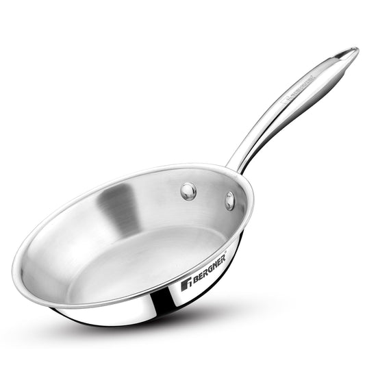 BERGNER Argent Junior Chef TriPly Stainless Steel 16cm (700ml) Fryapn, Mini Frying Pan, Sturdy and Durable, Less Oil Use, Healthy Cooking, Non-Toxic, Easy to Clean - Induction and Gas Stove Ready