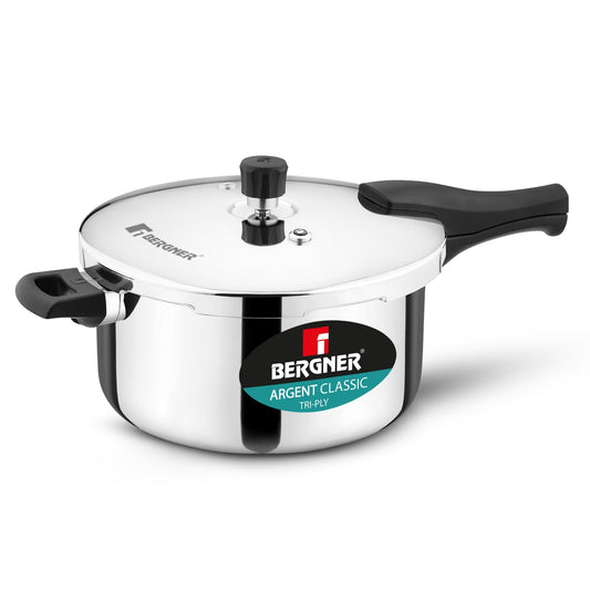 Bergner Argent Classic Triply Stainless Steel 6.5 Liters Outer Lid Pressure Cooker, Triply Cooker with Resettable Safety Valve, Sturdy Handle, Easy to Use and Clean - Induction and Gas Stove Ready