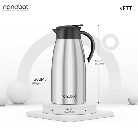 NANOBOT KETTL 1500mL Vacuum Insulated Plain Stainless Steel Teapot | Hot & Cold Coffeepot | Press & Pour Lid | Leak-Proof, BPA-Free | Tea, Coffee, Office, Home & Travel Use | Eco-Friendly Reusable