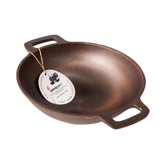 Aarogyam Round Kadai, 9 Inch Diameter, Cast Iron, Pre Seasoned, Loha Kadai, Oven Safe