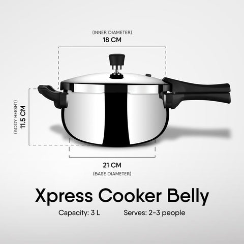 Stahl Triply Stainless Steel Pressure Cooker 3 Liter Outer Lid | Belly Pressure Cooker | Triply Cooker With Gas & Induction Base | Safe & Long Lasting Steel | Xpress Cooker 9273 (Serves 2 People)
