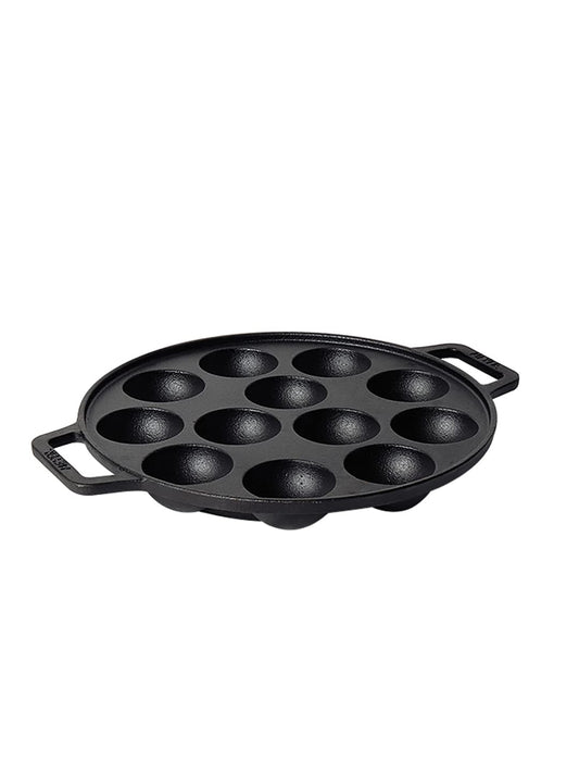 Meyer Pre Seasoned Cast Iron 12 Cavity Appam Patra, Paniyaram Pan Iron, Appam Pan, Pan Cake, Paddu, Appam Maker, Ponganal Maker, Appe and Litti Maker with 2 Side Handle, 26cm, Black