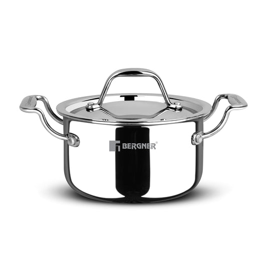 Bergner Argent Junior Chef Triply Stainless Steel 14cm (1.2 L) Casserole with Stainless Steel Lid, Mini Casserole, Durable, Consumes Less Oil, Healthy Cooking - Induction and Gas Stove Ready