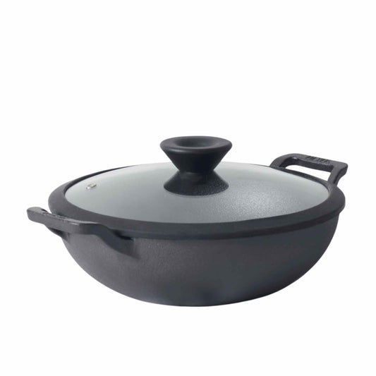 Meyer Pre Seasoned Cast Iron Kadai|Iron Kadhai with Lid for Cooking and Stir Frying | Heavy Base Iron Kadai Big Size | Gas Stove and Induction Friendly 26cm/ 3 Liters, Black