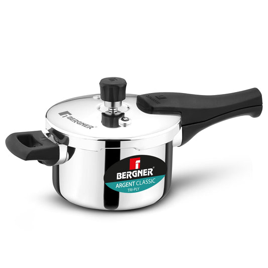 Bergner Argent Classic Triply Stainless Steel 1.5 Liters Outer Lid Pressure Cooker, Mini Baby Cooker with Resettable Safety Valve, Sturdy Handle, Easy to Use and Clean - Induction and Gas Stove Ready