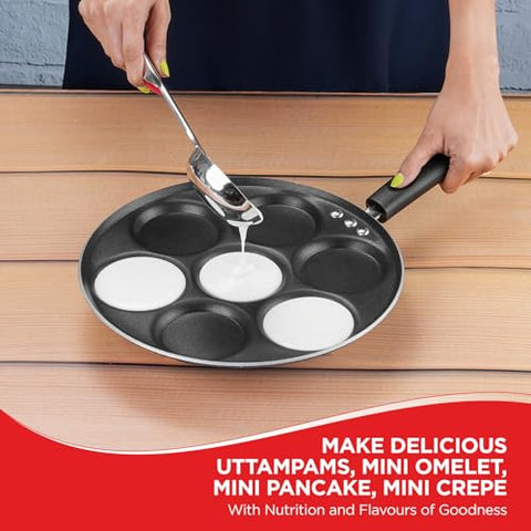 Vinod Zest Stick Free Mini Uttapam Pan with 7 Cavities – Appam Patra for Mini Uthappam, Idli, Pancake | Aluminum Multi Snack Maker | Gas Stove Compatible | Bakelite Handle | 1 Year Warranty