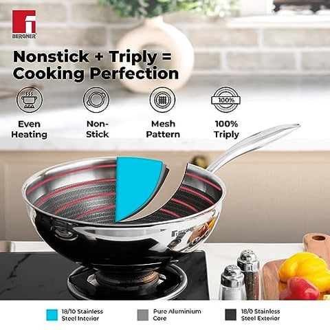 Bergner Hitech Triply Stainless Steel Scratch Resistant Non Stick Wok/Kadai With Glass Lid, 28 cm, 4.5 Litres, Induction Base, Food Safe (PFOA Free), 5 Years Warranty, Silver