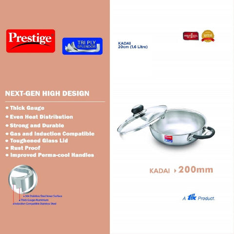 Prestige 20cm/1.6L Tri-Ply Stainless Steel Splendor Kadai with Lid| Gas & Induction Compatible| Even Heat Distribution| Strong and Durable| Perma-Cool Handles