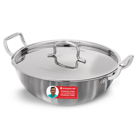 Wonderchef Stella Triply Stainless Steel Kadhai with Lid | 28 cm, 4.5 litres | Compatible with Gas Stove, Induction, Ceramic Cooktop | Non-Toxic | Heavy-Duty Handle | 10-Year Warranty