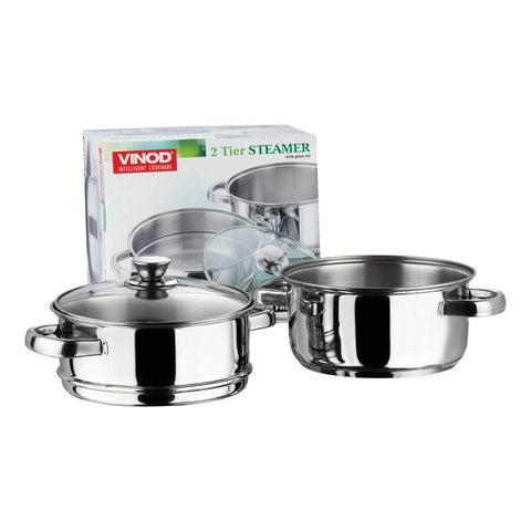 Vinod Stainless Steel 2-Tier Steamer with Glass Lid, 20 cm | Steamer for Momos, Modaks, Vegetables & More | Riveted Handles | Induction & Gas Base | 2 Yr Warranty