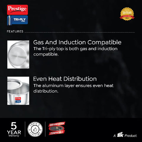 Prestige 14cm/1L Tri-Ply Stainless Steel Tope with Lid|Gas and Induction Compatible| Even Heat Distribution|Strong and Durable| 5 Years Warranty