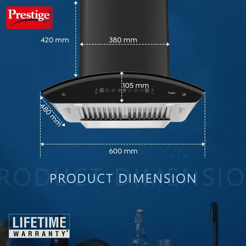 Prestige OSCAR 600 Contemporary Black Kitchen Hood Chimney|Powerful Suction - 1000m3/hr|Digital Display|Auto clean with Heat Technology|Revolutionary Motion Sensor|Baffle Filter|180W|Black & Grey