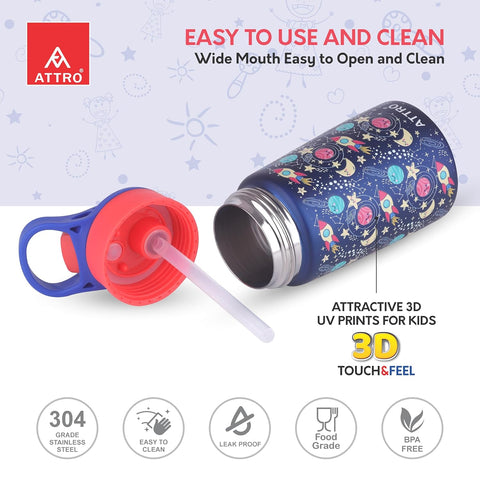 ATTRO Kinder Vacuum Insulated ISI certified Stainless Steel Water Bottle – 330ml, Leakproof, BPA-Free, Eye-Catchy Prints, Ideal for Kids School, Picnic, Travel & Daily Use – Galaxy Space Navy