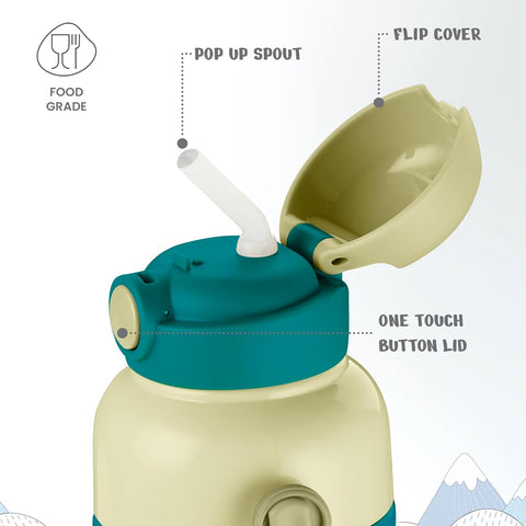 Milton Steel Indus 600 Thermoware PU Insulated, 500 ml Water Bottle with Straw for Kids, Leak Proof Flip Top Sipper Lid Bottle, School, Picnic, Easy to Carry Belt, Dark Green