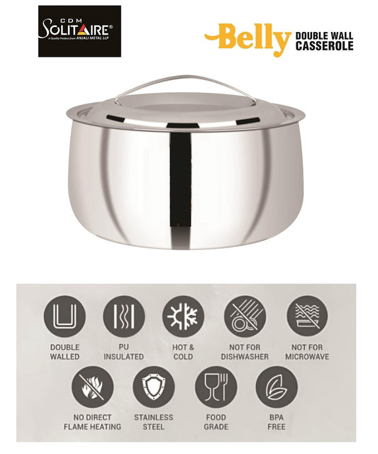 Hot Pot Double Wall Stainless Steel Belly Shape Plain Serve Casserole (1500 ml)