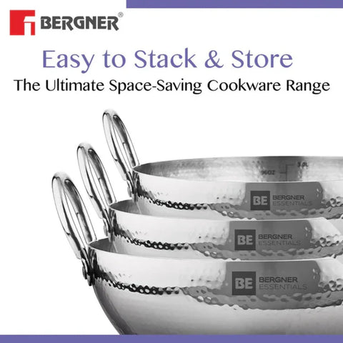 Be Bergner 20cm (1.85L) Stainless Steel Hammered Kadhai, (Induction Base) - 6216