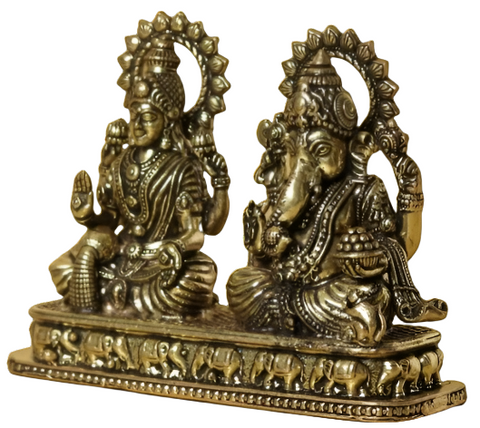 Small 3D Brass Goddess Lakshmi and Lord Ganesha Statue