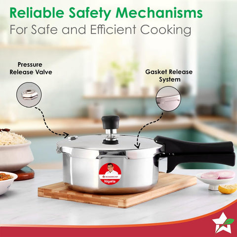 Wonderchef Nigella Triply Stainless Steel Pressure Cooker 2L, Outer Lid, Gas, Induction Compatible & Ceramic Cooktop, ISI Certified, Da Vinci Collection, Uniform Heating, 5-Year Warranty