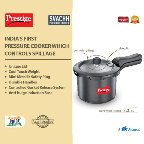 Prestige 3 Litre Hard Anodised Svachh Outerlid Pressure Cooker|Deep Lid for spillage Control|Gas & Induction Compatible|Metallic Safety Plug|Gasket Release System|5 Years warranty|ISI Certified