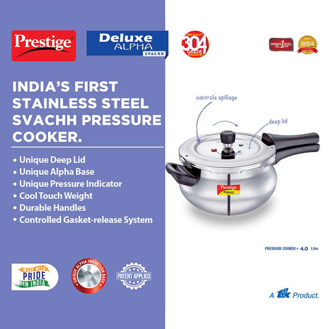 Prestige Svachh, 20268, 4 L, Alpha Junior Handi, With Deep Lid For Spillage Control, Stainless Steel, Silver, Outer Lid