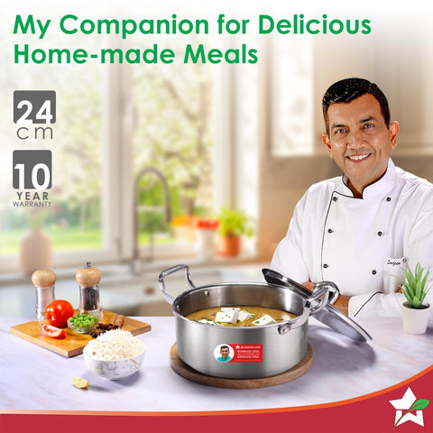 Wonderchef Stella Triply Stainless Steel Casserole with Lid | 24 cm, 4.5 litres | Compatible with Gas Stove, Induction, Ceramic Cooktop | Non-Toxic | Heavy-Duty Handle | 10-Year Warranty
